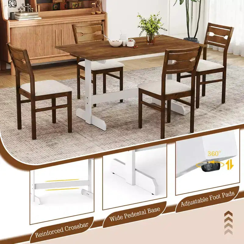 Table de salle à manger pour 4-6 personnes, table de cuisine rectangulaire avec piètement en bois style tréteau Noyer + Blanc