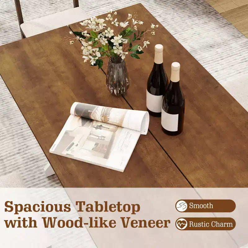 Table de salle à manger pour 4-6 personnes, table de cuisine rectangulaire avec piètement en bois style tréteau Noyer + Blanc