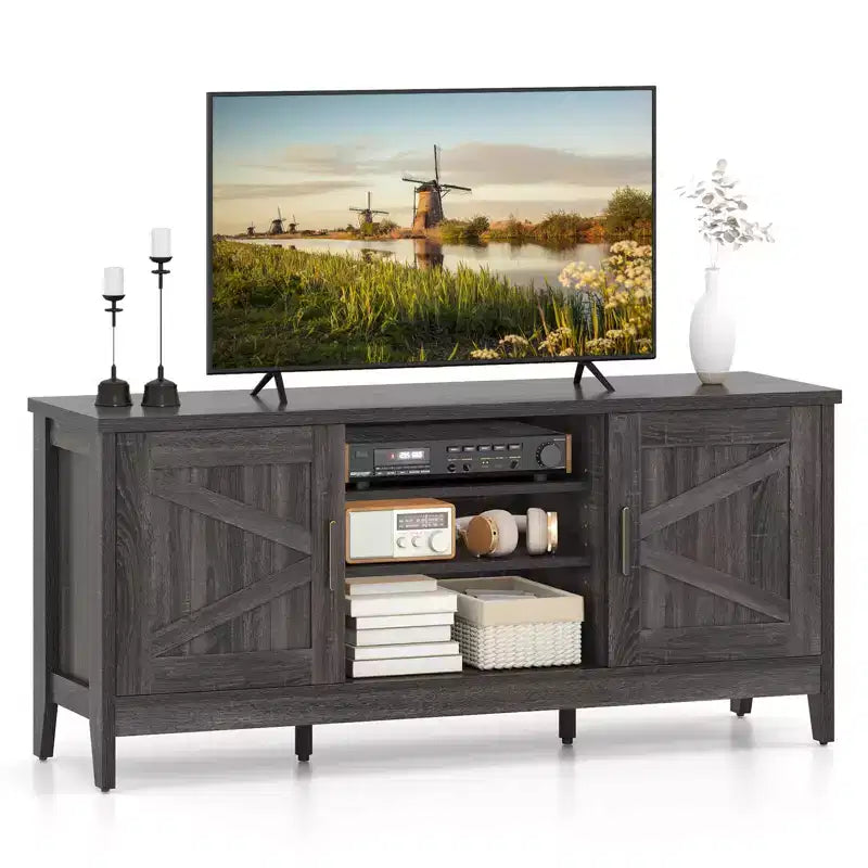 Costway Farmhouse TV Stand for TVs up to 65 Entertainment Center with 2 Storage Cabinets Gray
