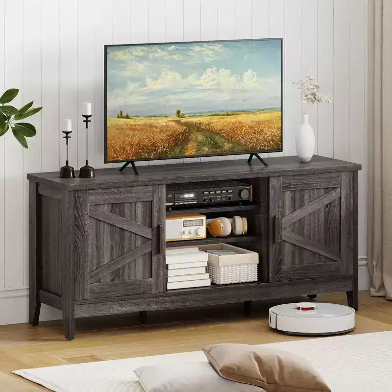 Meuble TV de style rustique pour téléviseurs jusqu'à 65 pouces Meuble de divertissement avec 2 placards de rangement Gris