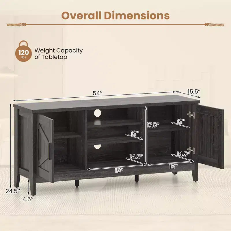 Meuble TV de style rustique pour téléviseurs jusqu'à 65 pouces Meuble de divertissement avec 2 placards de rangement Gris