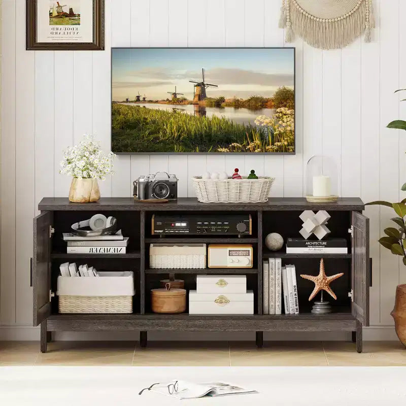 Meuble TV de style rustique pour téléviseurs jusqu'à 65 pouces Meuble de divertissement avec 2 placards de rangement Gris