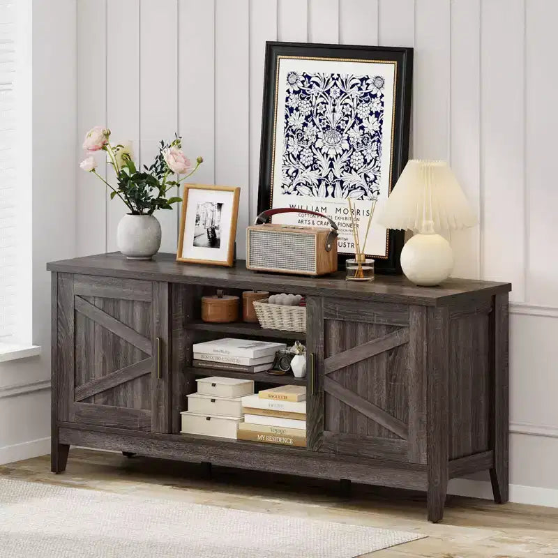 Meuble TV de style rustique pour téléviseurs jusqu'à 65 pouces Meuble de divertissement avec 2 placards de rangement Gris