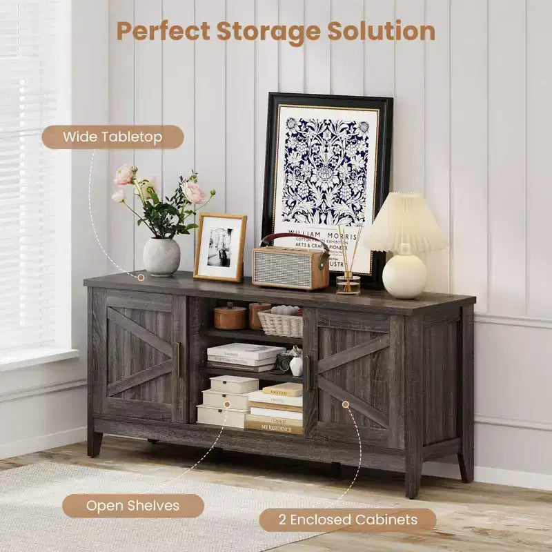Meuble TV de style rustique pour téléviseurs jusqu'à 65 pouces Meuble de divertissement avec 2 placards de rangement Gris