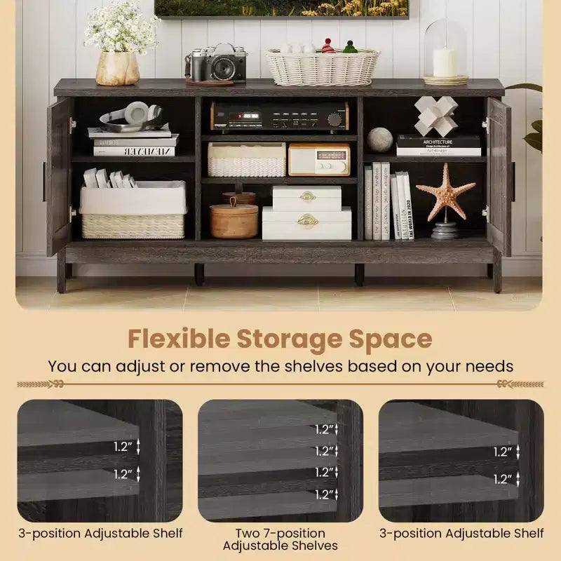 Meuble TV de style rustique pour téléviseurs jusqu'à 65 pouces Meuble de divertissement avec 2 placards de rangement Gris