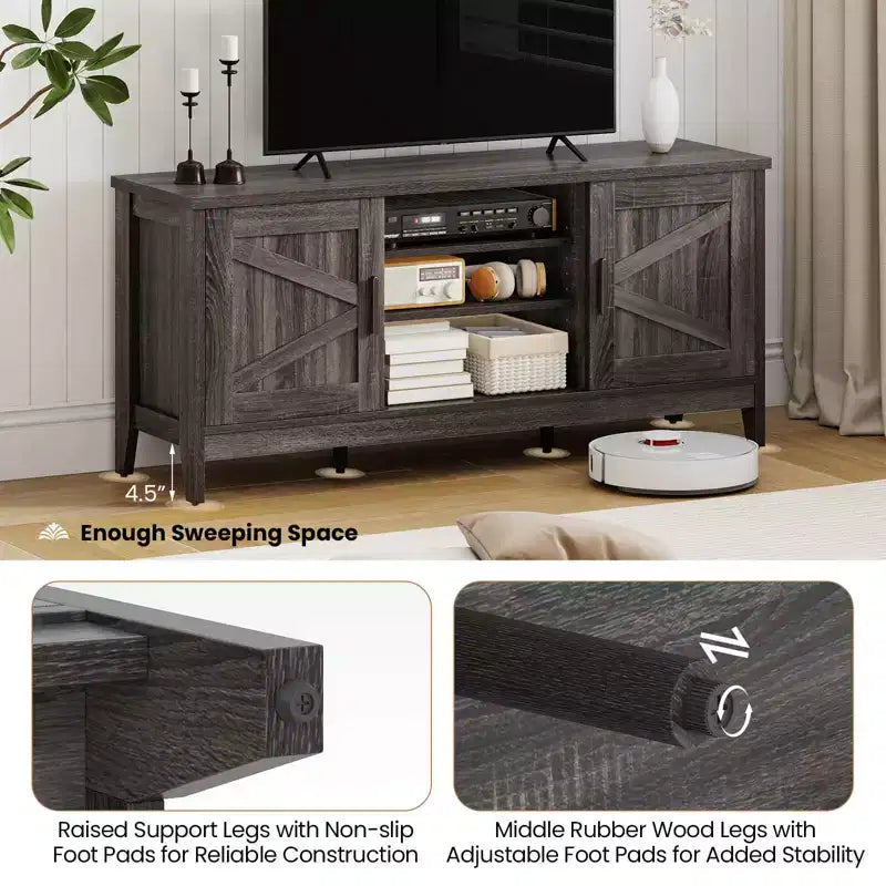 Meuble TV de style rustique pour téléviseurs jusqu'à 65 pouces Meuble de divertissement avec 2 placards de rangement Gris