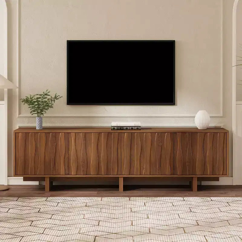Meuble TV Rétro Imitation Bois, Console Multimédia Rustique, Meuble TV Stable avec Porte Ondulée pour TV jusqu'à 75 Pouces
