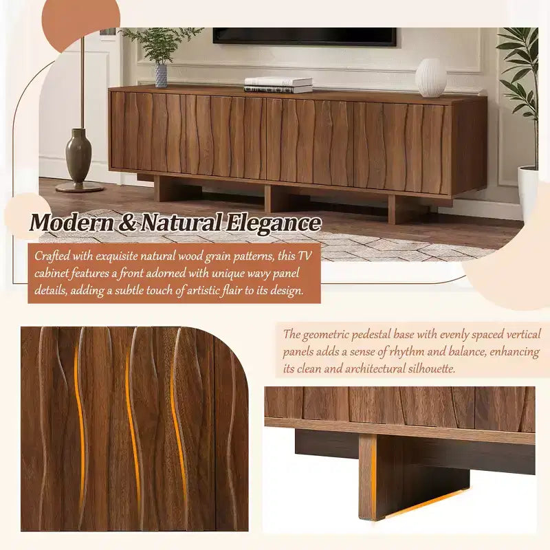 Meuble TV Rétro Imitation Bois, Console Multimédia Rustique, Meuble TV Stable avec Porte Ondulée pour TV jusqu'à 75 Pouces