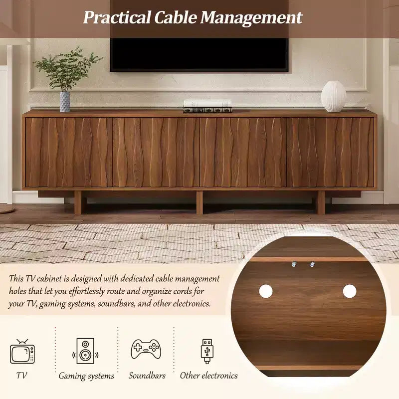 Meuble TV Rétro Imitation Bois, Console Multimédia Rustique, Meuble TV Stable avec Porte Ondulée pour TV jusqu'à 75 Pouces