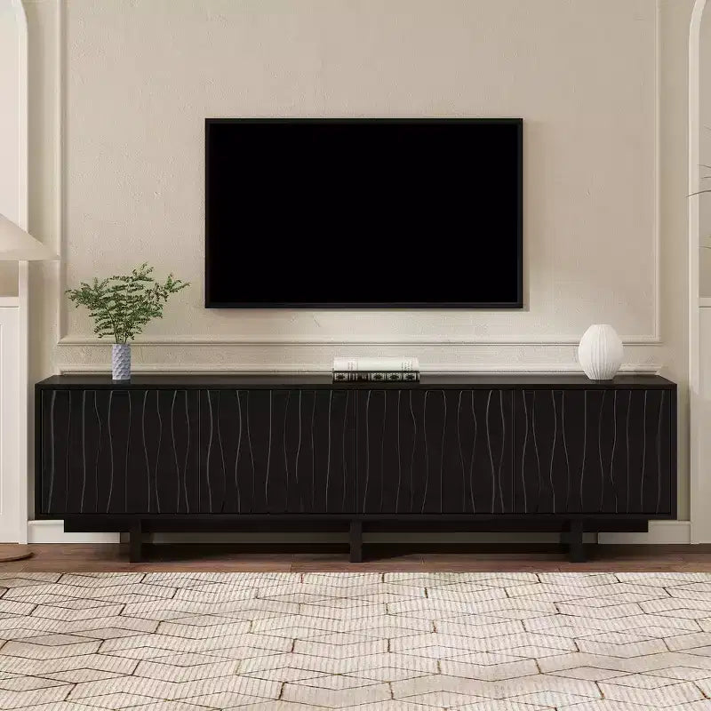 Meuble TV Rétro Imitation Bois, Console Multimédia Rustique, Meuble TV Stable avec Porte Ondulée pour TV jusqu'à 75 Pouces