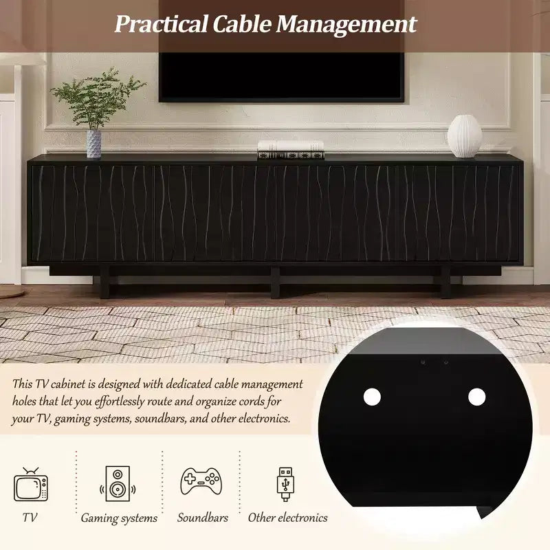 Meuble TV Rétro Imitation Bois, Console Multimédia Rustique, Meuble TV Stable avec Porte Ondulée pour TV jusqu'à 75 Pouces