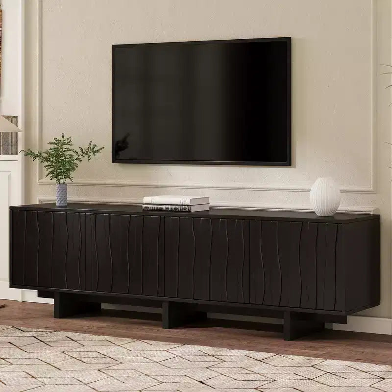 Whisen Retro Style Wood Grain TV Stand, Rustic Media Console, Sturdy Base TV Cabinet with Wavy Door for TVs up to 75