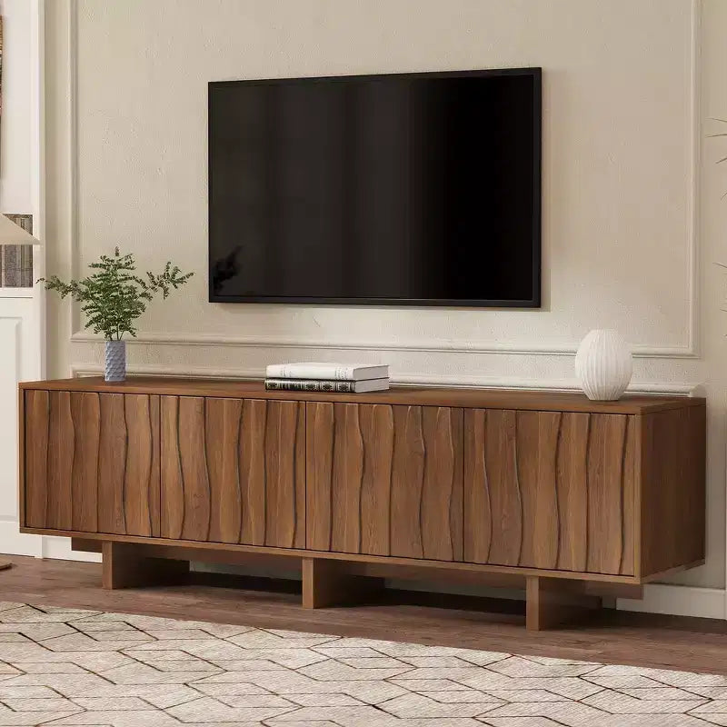 Meuble TV Rétro Imitation Bois, Console Multimédia Rustique, Meuble TV Stable avec Porte Ondulée pour TV jusqu'à 75 Pouces