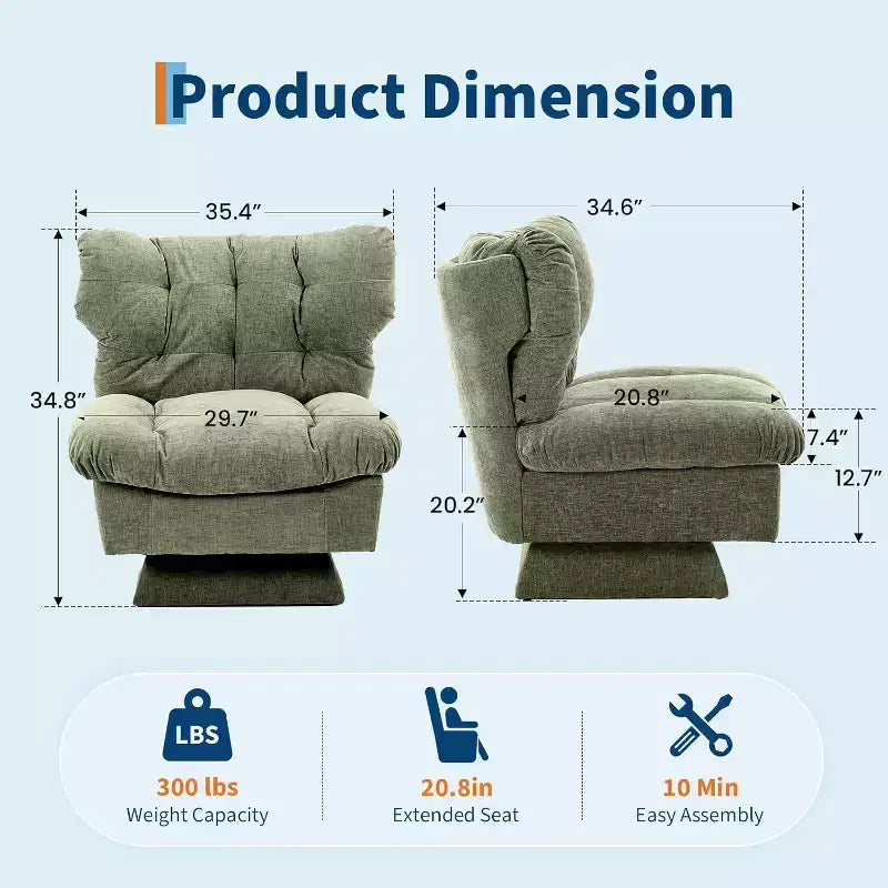 Fauteuil pivotant à 360°, Chenille Douillette & Coussin Épais pour la Maison et les Bureaux
