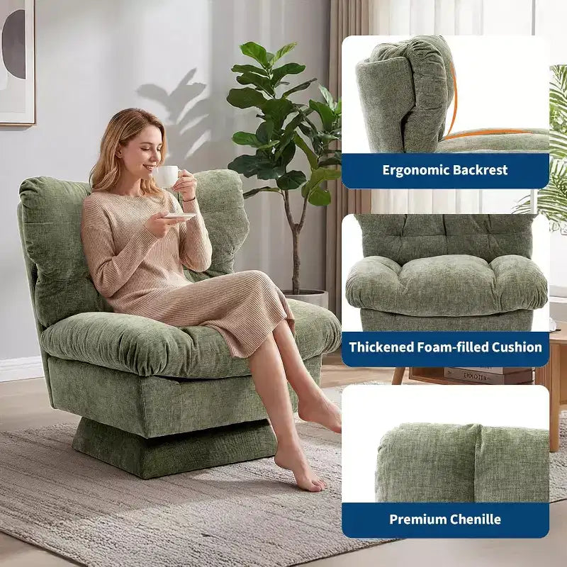 Fauteuil pivotant à 360°, Chenille Douillette & Coussin Épais pour la Maison et les Bureaux