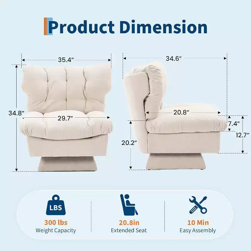 Fauteuil pivotant à 360°, Chenille Douillette & Coussin Épais pour la Maison et les Bureaux