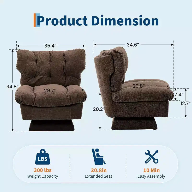 Fauteuil pivotant à 360°, Chenille Douillette & Coussin Épais pour la Maison et les Bureaux