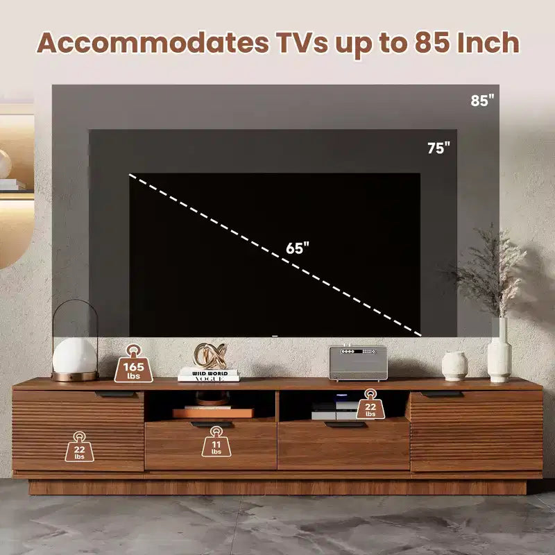 Meuble TV moderne de 78 pouces pouvant accueillir des téléviseurs jusqu'à 85 pouces.