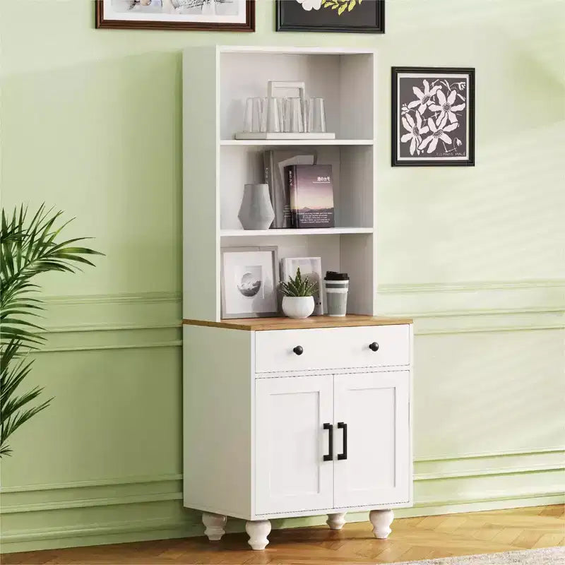 Armoire de rangement haute en bois avec étagères réglables, tiroir et portes