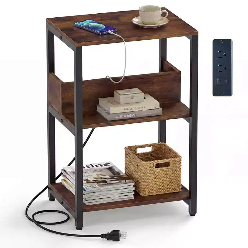 Costway 1/2 PCS Nightstand with Charging Station, 3-Tier Bedside Table with Open Shelves & Metal Frame Brown