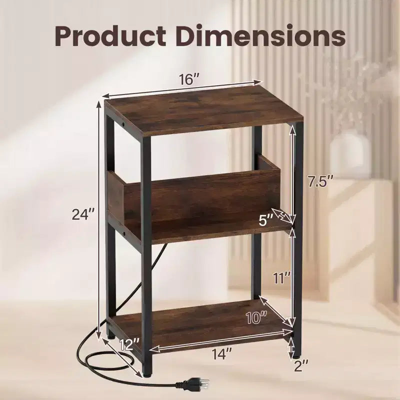 Table de chevet avec station de recharge, table d'appoint à 3 niveaux avec étagères ouvertes et cadre en métal marron