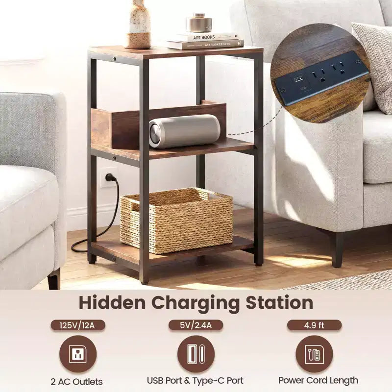 Table de chevet avec station de recharge, table d'appoint à 3 niveaux avec étagères ouvertes et cadre en métal marron