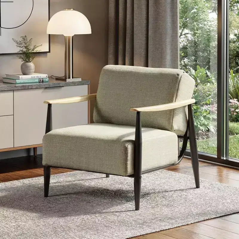 Fauteuil en bois massif et coussin tapissé beige, noir et naturel