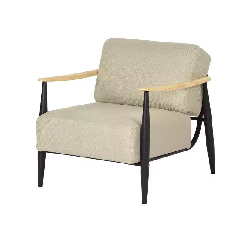 Fauteuil en bois massif et coussin tapissé beige, noir et naturel