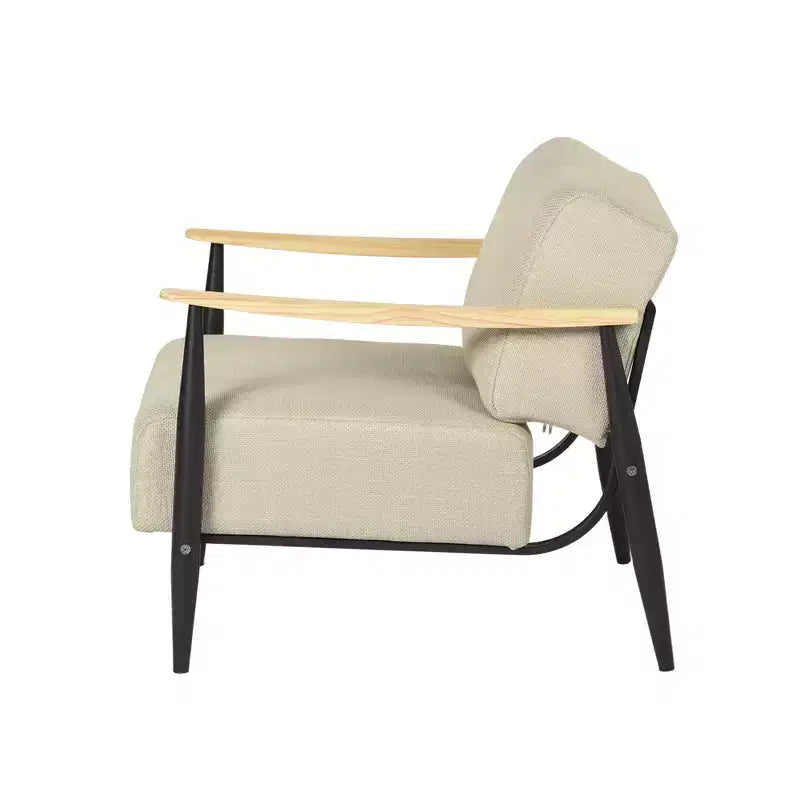 Fauteuil en bois massif et coussin tapissé beige, noir et naturel
