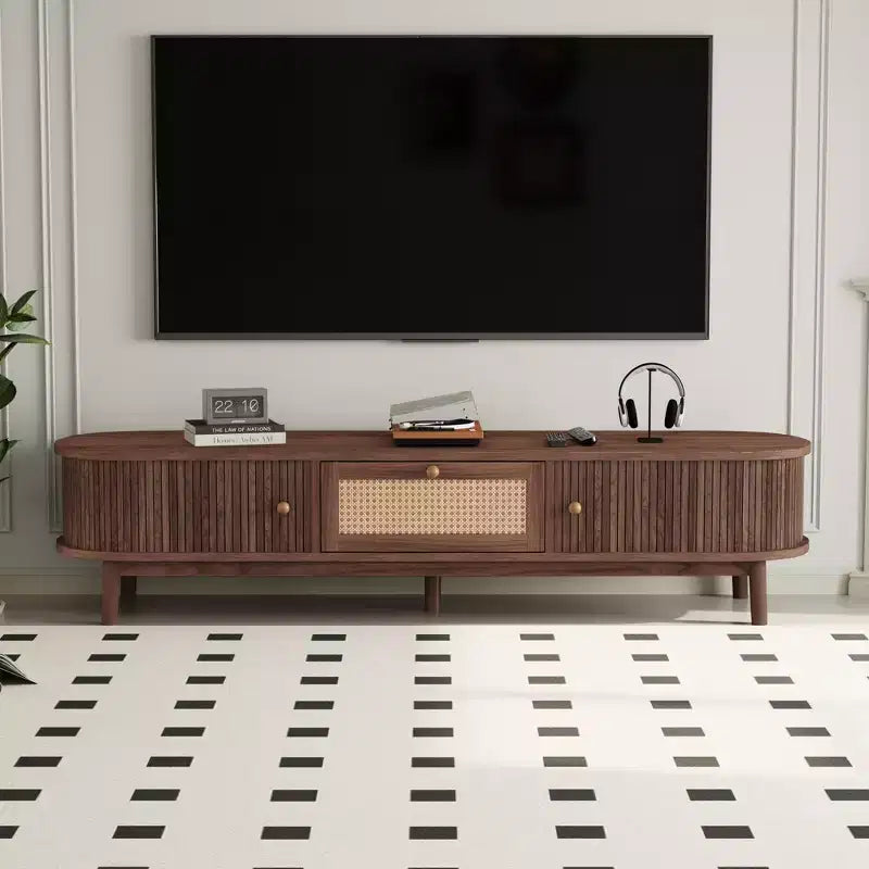 JVNOXKModern Design TV Stand for 75 TVs, Media Console TV Cabinet with Rattan-Front Drawer for Living Room, 1 Drawer and 2 Sliding-Door Cabinets