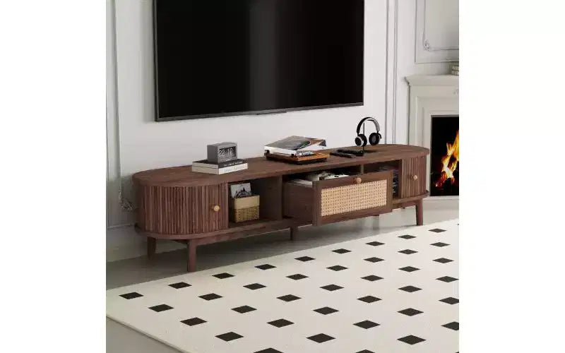 Meuble TV design moderne pour téléviseurs 75 pouces, meuble console TV avec tiroir avant en rotin pour salon