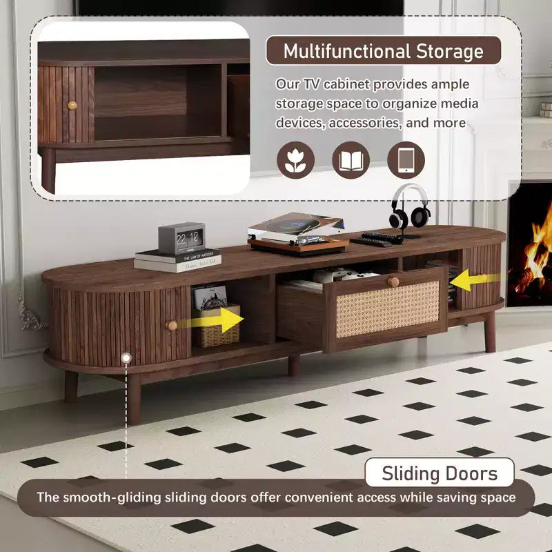 Meuble TV design moderne pour téléviseurs 75 pouces, meuble console TV avec tiroir avant en rotin pour salon