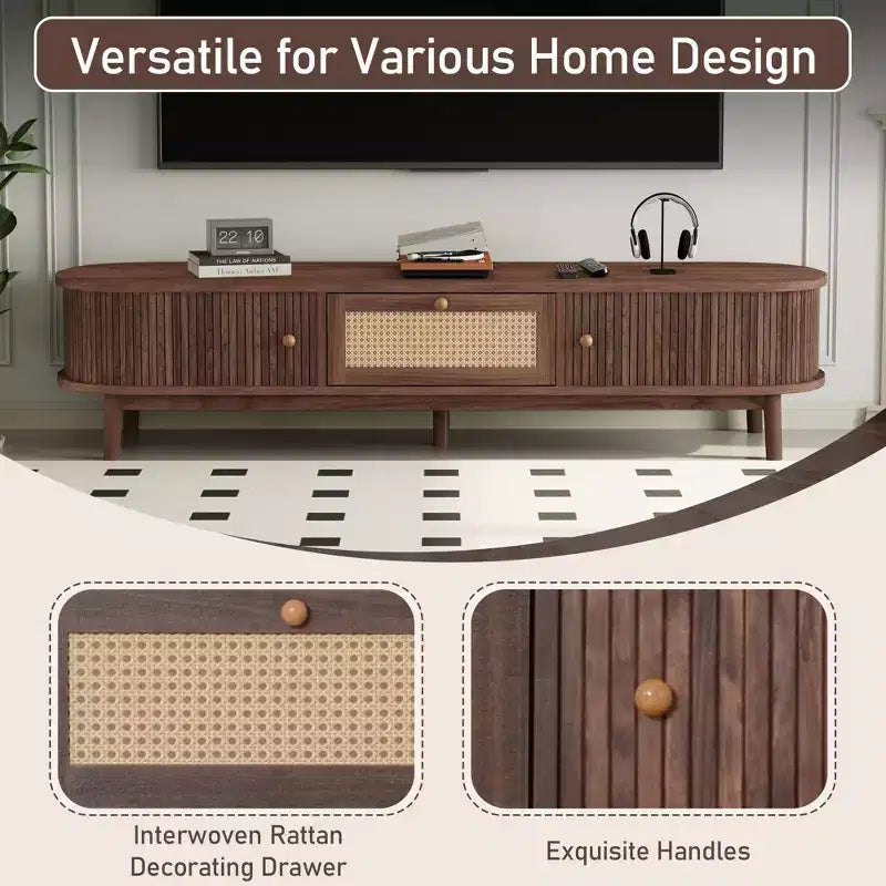 Meuble TV design moderne pour téléviseurs 75 pouces, meuble console TV avec tiroir avant en rotin pour salon