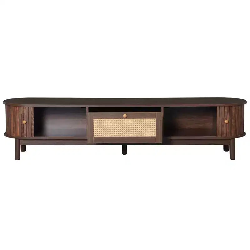 Meuble TV design moderne pour téléviseurs 75 pouces, meuble console TV avec tiroir avant en rotin pour salon