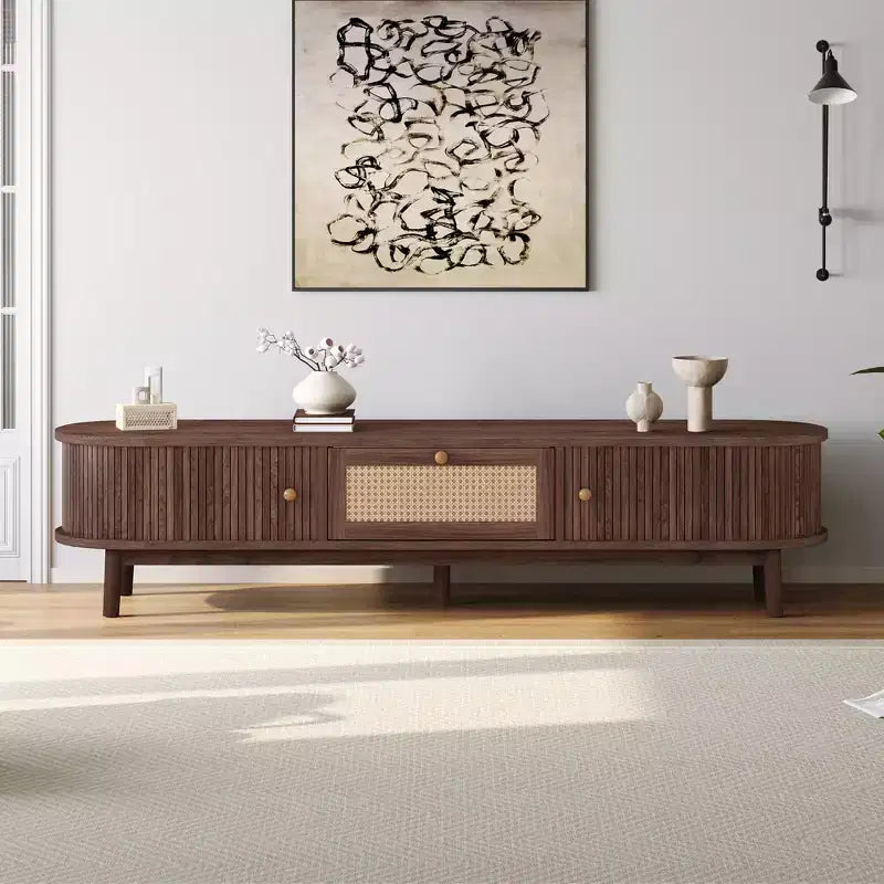 Meuble TV design moderne pour téléviseurs 75 pouces, meuble console TV avec tiroir avant en rotin pour salon
