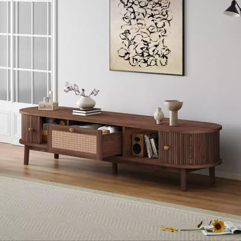 Meuble TV design moderne pour téléviseurs 75 pouces, meuble console TV avec tiroir avant en rotin pour salon
