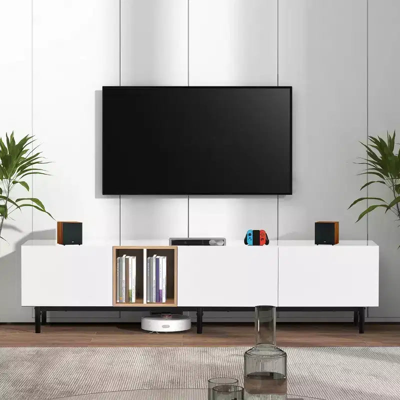 JVNOXK 77inch Modern TV Stand, suitable for 80-inch TVs, featuring 3 cabinet doors, media console desk with ample storage, ideal for living rooms