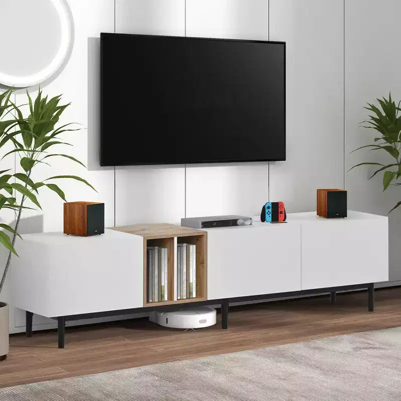 Meuble TV moderne de 195 cm, adapté aux téléviseurs de 80 pouces, avec 3 portes.