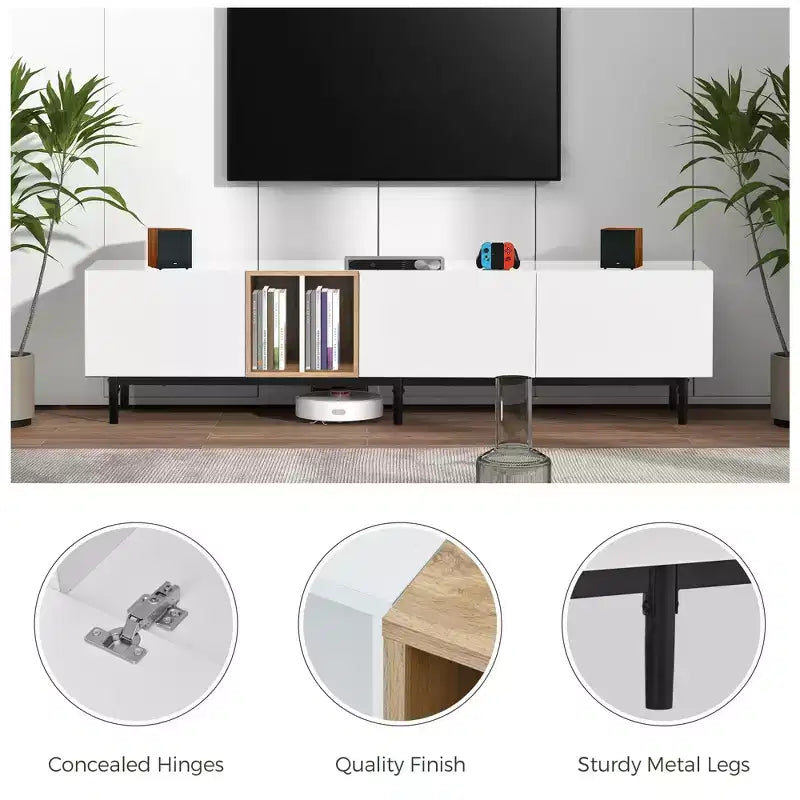 Meuble TV moderne de 195 cm, adapté aux téléviseurs de 80 pouces, avec 3 portes.