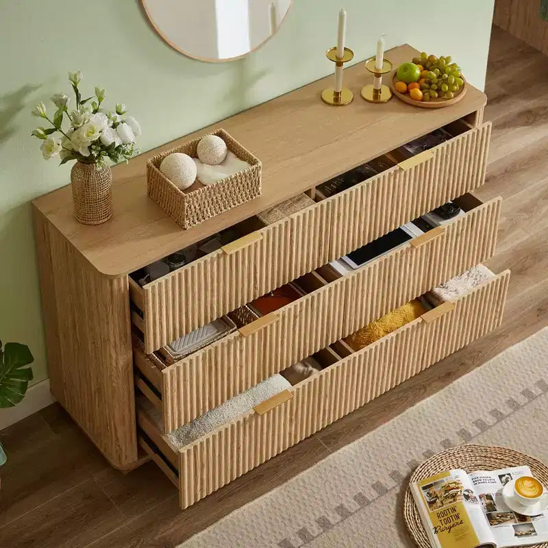 Commode à 6 tiroirs, commode moderne de 140 cm de large, design courbe ondulée, meuble TV et meuble multimédia, noyer