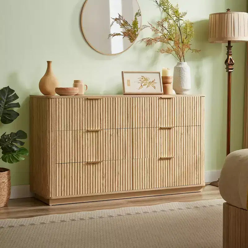 Commode à 6 tiroirs, commode moderne de 140 cm de large, design courbe ondulée, meuble TV et meuble multimédia, noyer