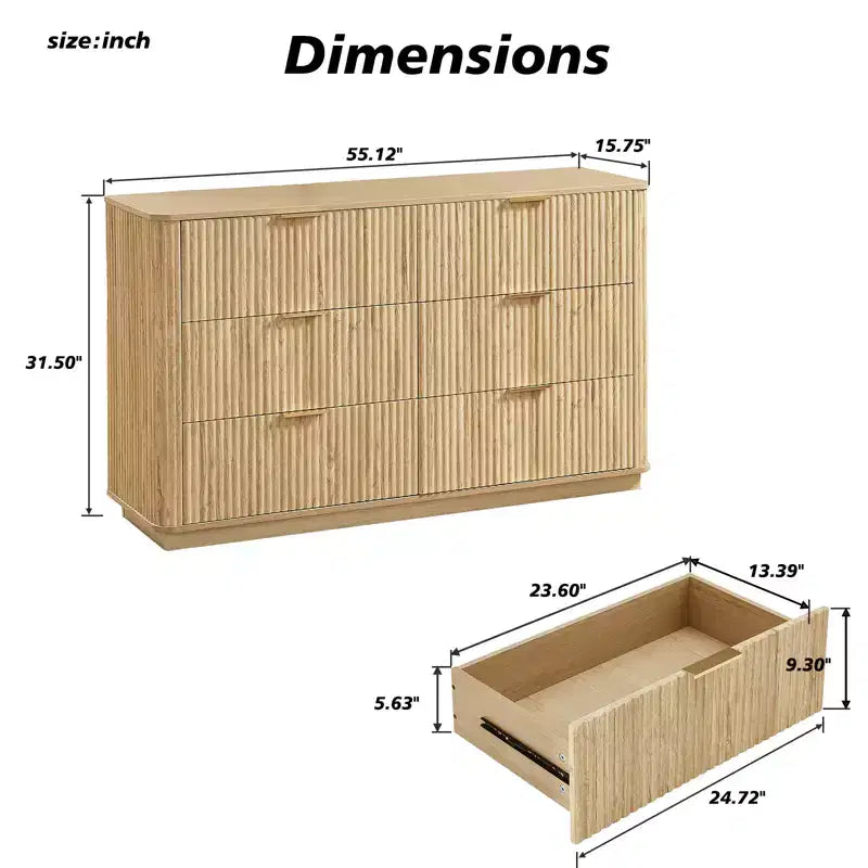 Commode à 6 tiroirs, commode moderne de 140 cm de large, design courbe ondulée, meuble TV et meuble multimédia, noyer