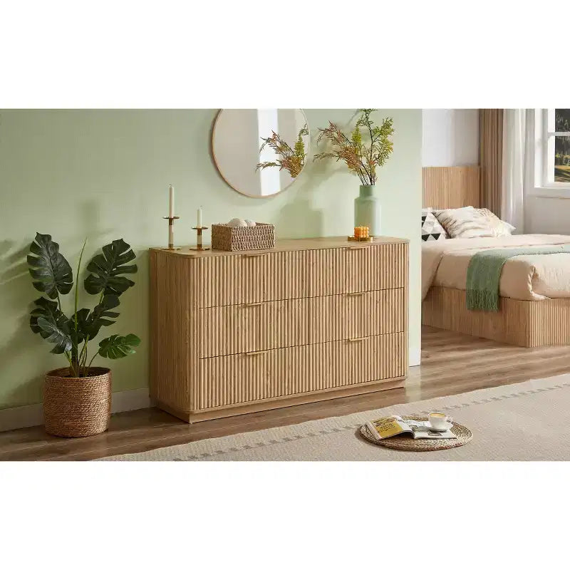 Commode à 6 tiroirs, commode moderne de 140 cm de large, design courbe ondulée, meuble TV et meuble multimédia, noyer