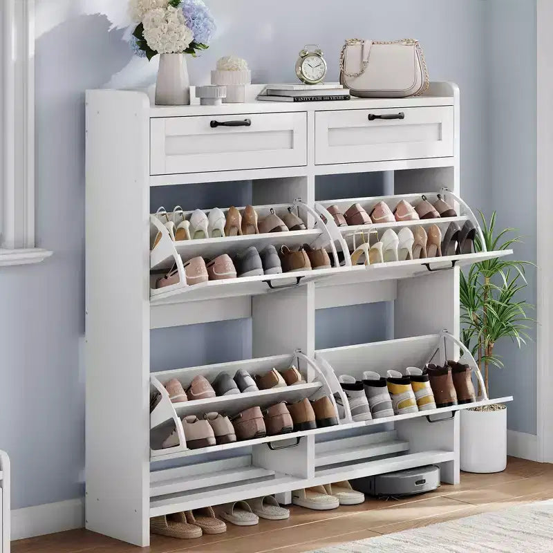 Meuble à chaussures avec 4 tiroirs basculants et 2 tiroirs supérieurs, meuble à chaussures en bois avec étagère réglable, armoires à chaussures autoportantes