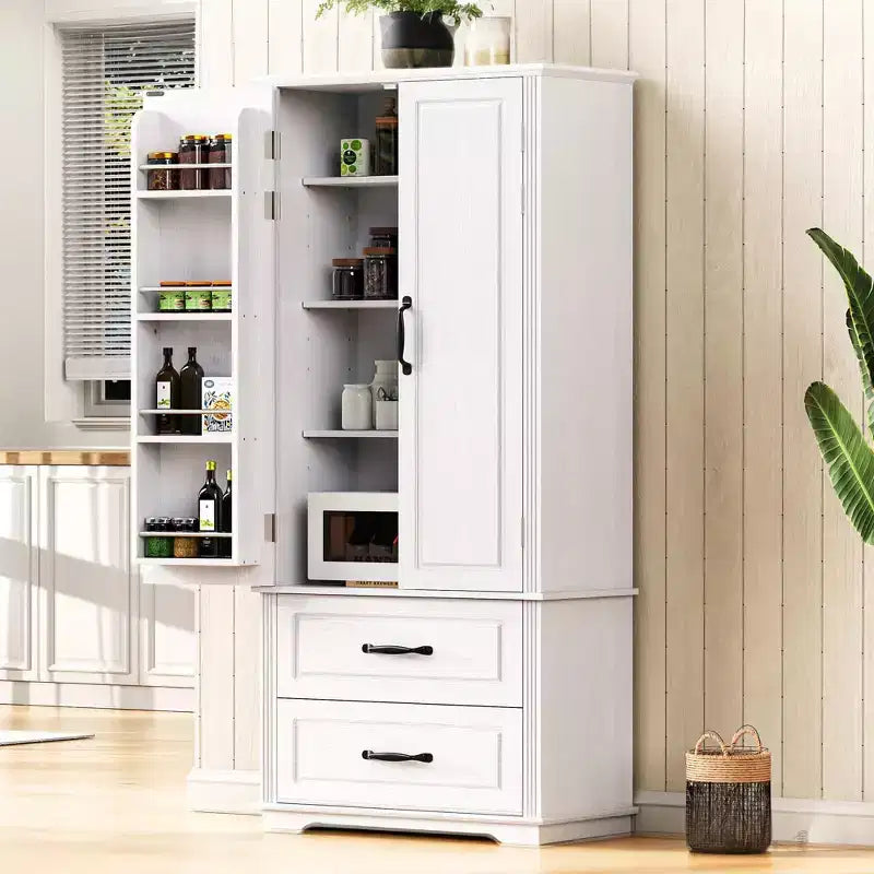 Stylish 71 Farmhouse Kitchen Pantry Cabinet - 2 Large Drawers, Embossed Texture 8 Door Shelves 3 Cabinet Shelves for Kitchen, Dining