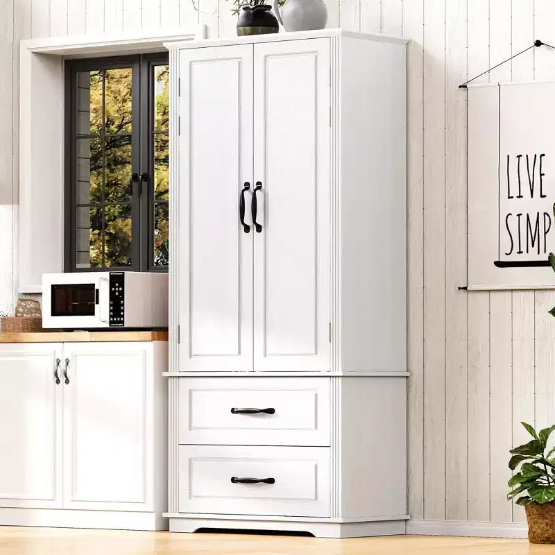 Meuble de rangement de cuisine de ferme - 2 grands tiroirs, texture gaufrée, 8 étagères de porte, 3 étagères d'armoire pour cuisine, salle à manger