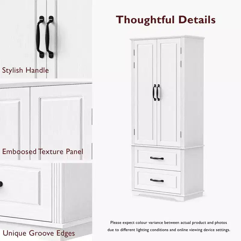Meuble de rangement de cuisine de ferme - 2 grands tiroirs, texture gaufrée, 8 étagères de porte, 3 étagères d'armoire pour cuisine, salle à manger