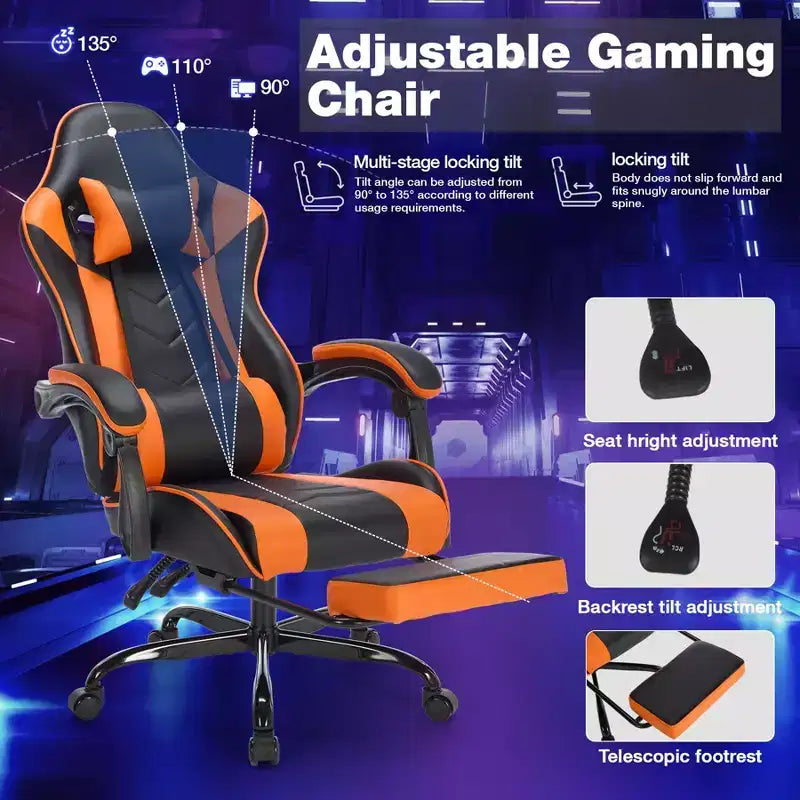 Chaise de jeu pivotante à 360°, Chaises de bureau à roulettes, Dossier inclinable, Hauteur d'assise et repose-pieds réglables, Chaises de jeu ergonomiques, Max 136 kg