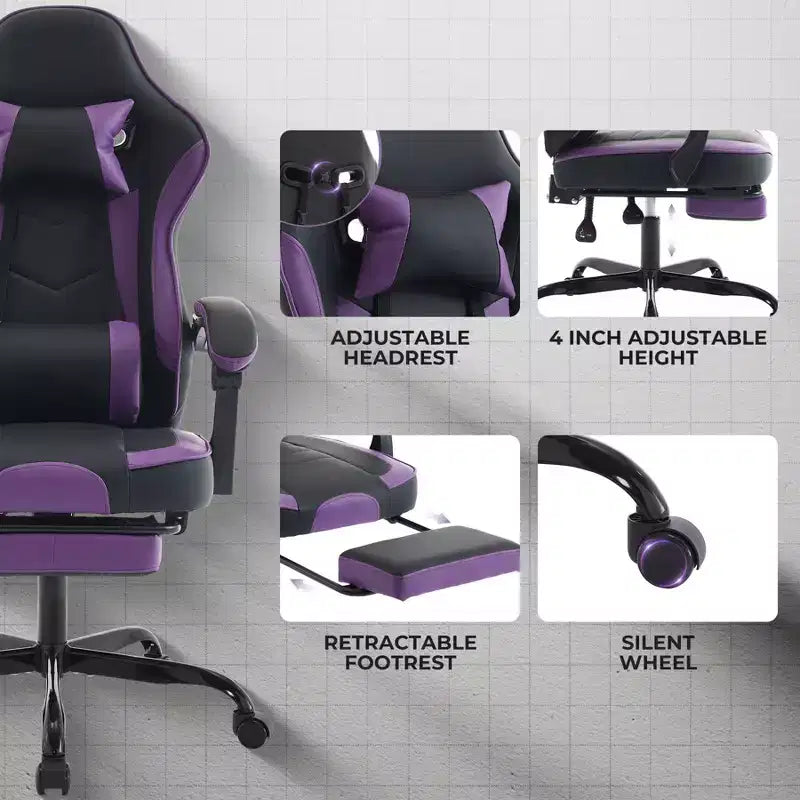 Chaise de jeu pivotante à 360°, Chaises de bureau à roulettes, Dossier inclinable, Hauteur d'assise et repose-pieds réglables, Chaises de jeu ergonomiques, Max 136 kg