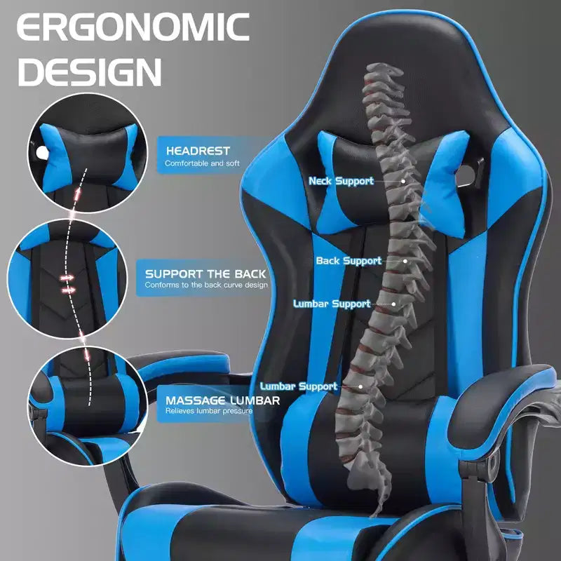 Chaise de jeu pivotante à 360°, Chaises de bureau à roulettes, Dossier inclinable, Hauteur d'assise et repose-pieds réglables, Chaises de jeu ergonomiques, Max 136 kg